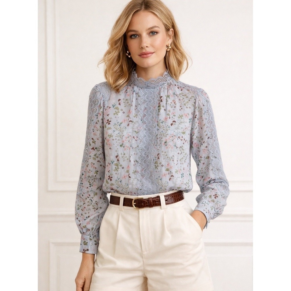 Ted Baker London Javiera Hazel Lace Detail Top Pale Blue Floral Size 1 XS NWT